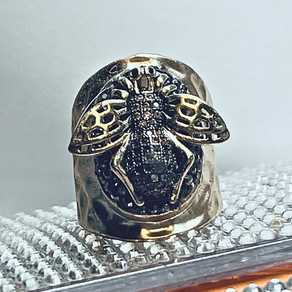 Bumblebee Bee Nature Theme Gold Plated Sterling Crystal Accent Cuff Ring Sz 7 - Picture 5 of 5